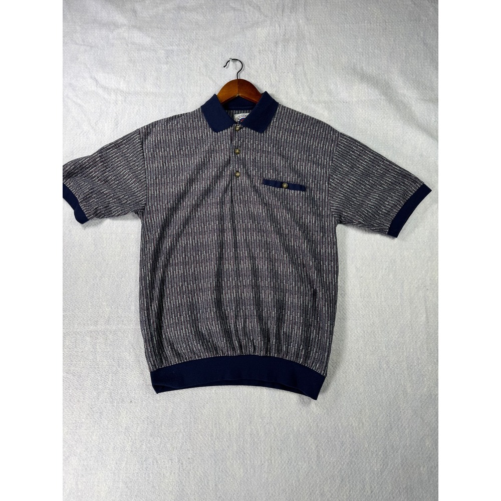 LD-Sport International Mens Medium Blue Textured Knit Polo Shirt Banded Hem